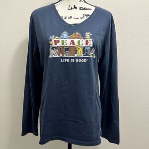 NWT Life is Good “PEACE” (LRG) Blue Long Sleeve Crusher Shirt Holiday Christmas